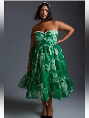 NWT Anthropologie Selkie Floral Corset
Puff Hem Green Tea Party Dress